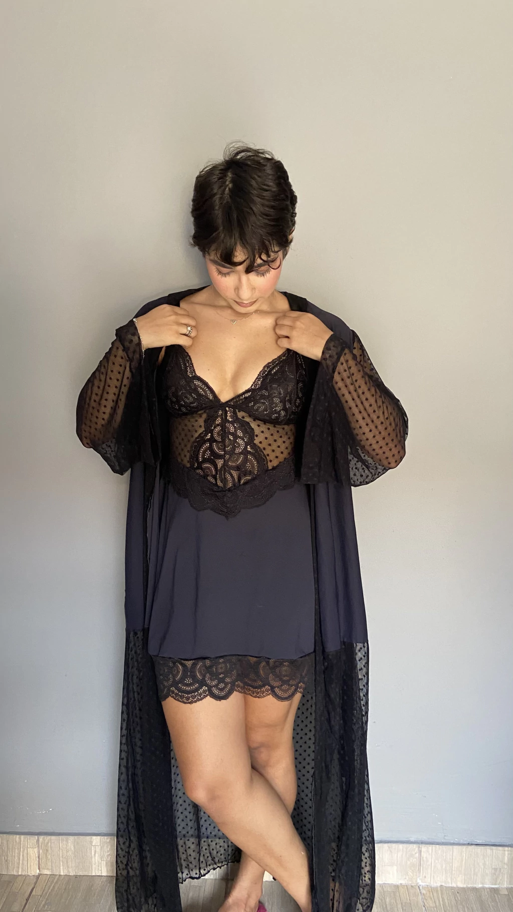 Kit Rebeca | Robe longo e camisola preto poa